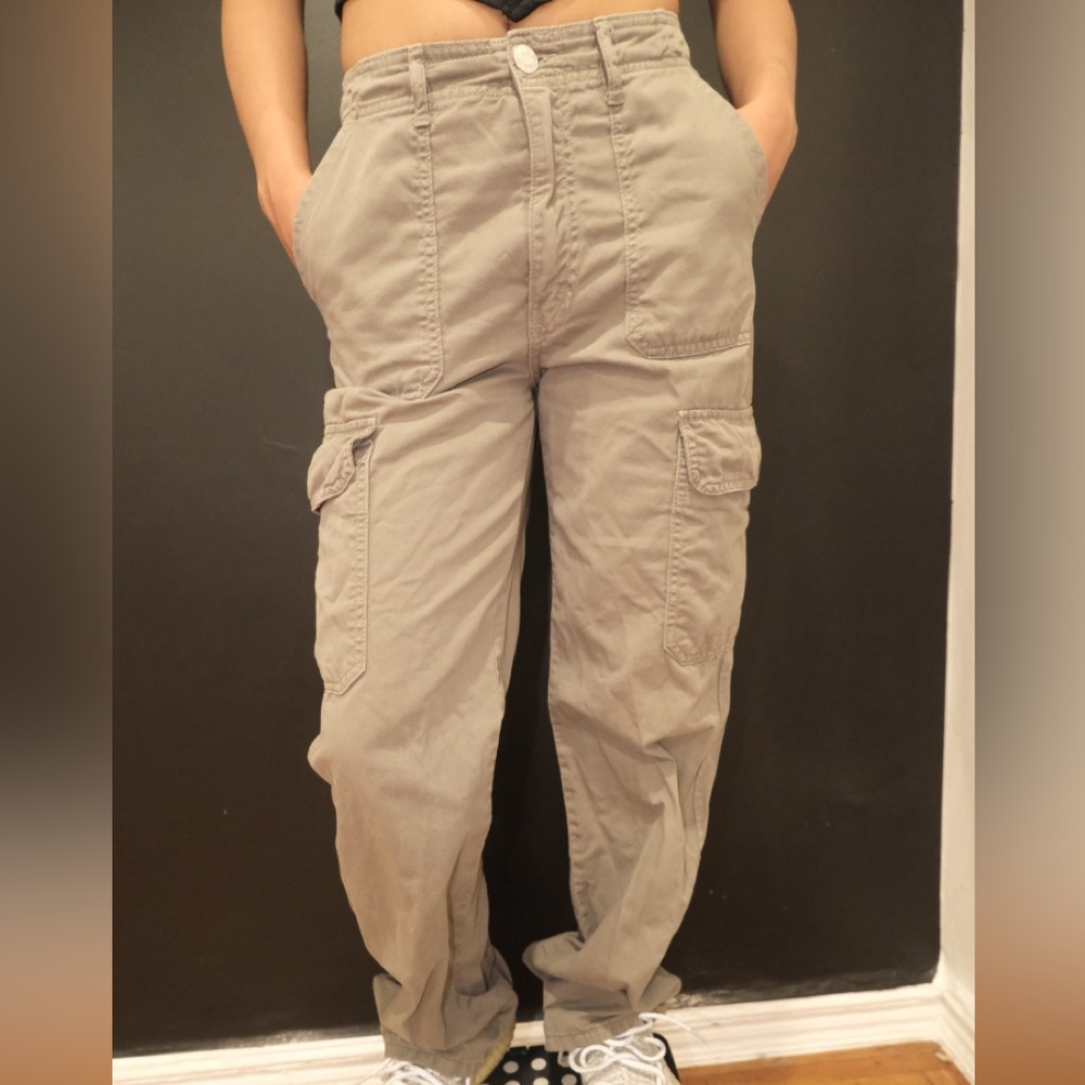 Zara Green Cargo Pants Relaxed Fit Cotton Blend